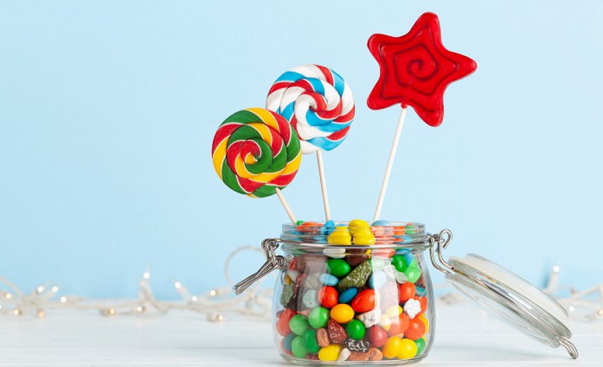 Various sweets assortment. Candy, bonbon, lollipop