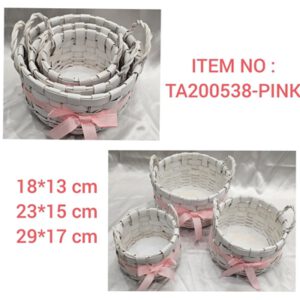 בולוס סט שלשיות סלסלות לבנות עם ידיות וסרט ורוד 3\10\20