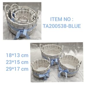 בולוס. סט שלשיות סלסלות לבנות עם ידיות וסרט תכלת 3\10\20