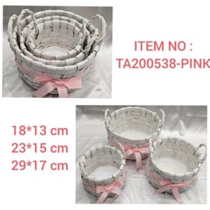 בולוס סט שלשיות סלסלות לבנות עם ידיות וסרט ורוד 3\10\20