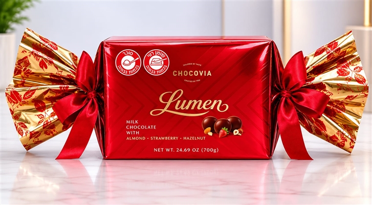 Chocovia.בונב דאפל פפיון בצבע אדום מוזהב במילוי פרלינים 700ג 4\1