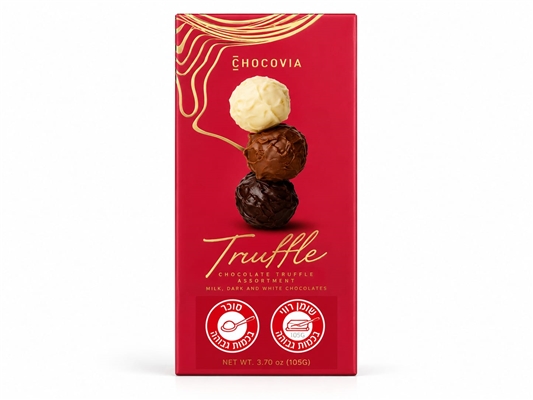 Chocovia.מארז מלבני אדום במילוי מבחר כדורי טרופיל 105ג 12\1