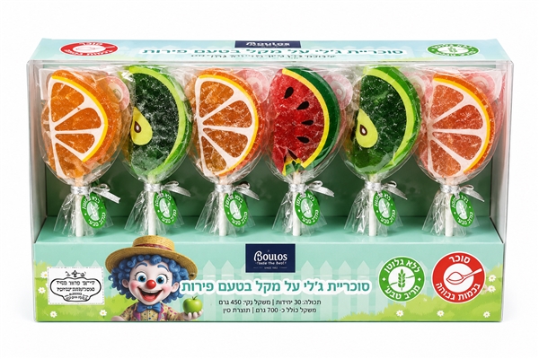 BOULOS.פירות סוכריות ג'לי על מקל בטעם פירות 13ג 30\20\1